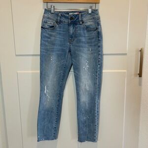 Cabi Cinch Skinny Jeans Med Wash Paint Splatter Distressed Raw Hem 5492 Size 4